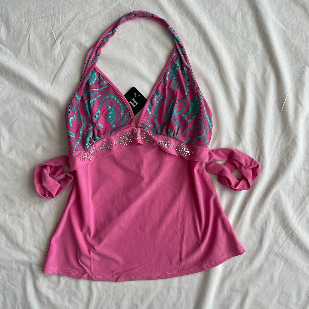 Y2K Pink Halter Top with Embellishments Babydoll Style - Size S/M